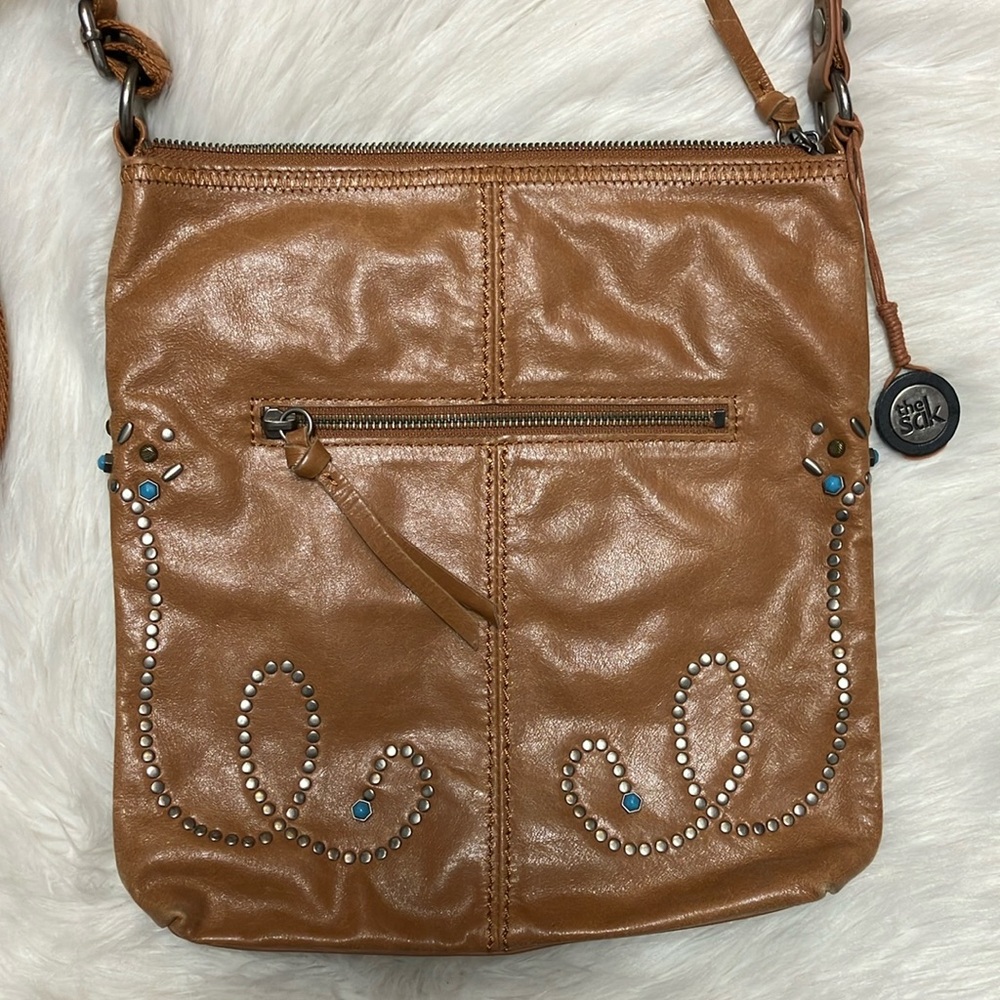 The Sak genuine Carmel brown leather Crossbody - silver studs & turquoise stones